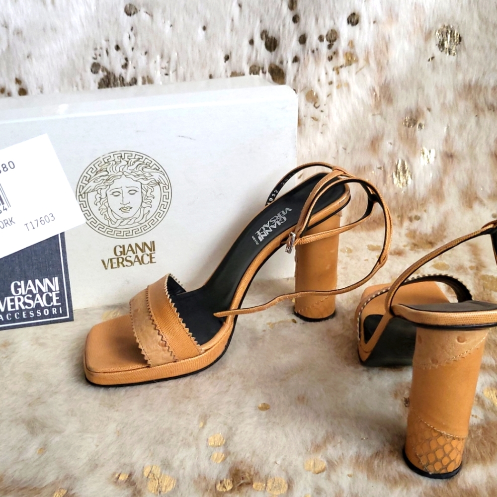 Vintage Gianni Versace ankle strap sandals with cylinder heels in tan size 38